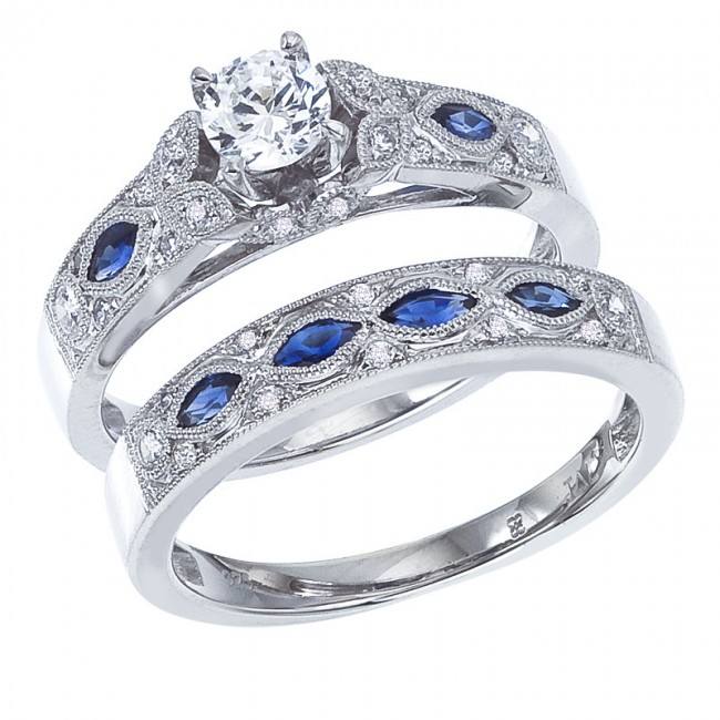 14K White Gold Qpid .50 Ct Diamond and Marquise Sapphire Bridal Ring Set