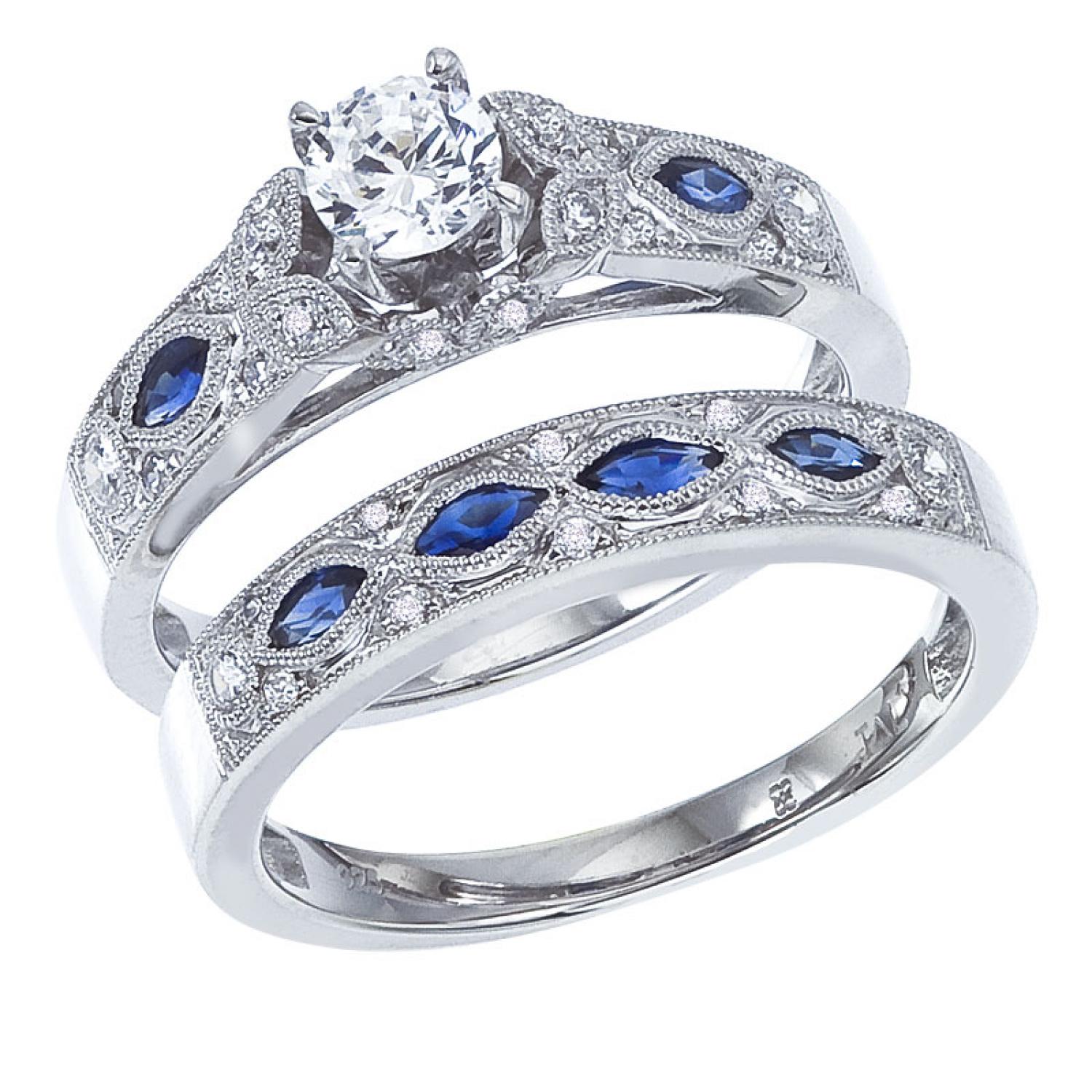 14K White Gold Qpid .50 Ct Diamond and Marquise Sapphire Bridal Ring Set