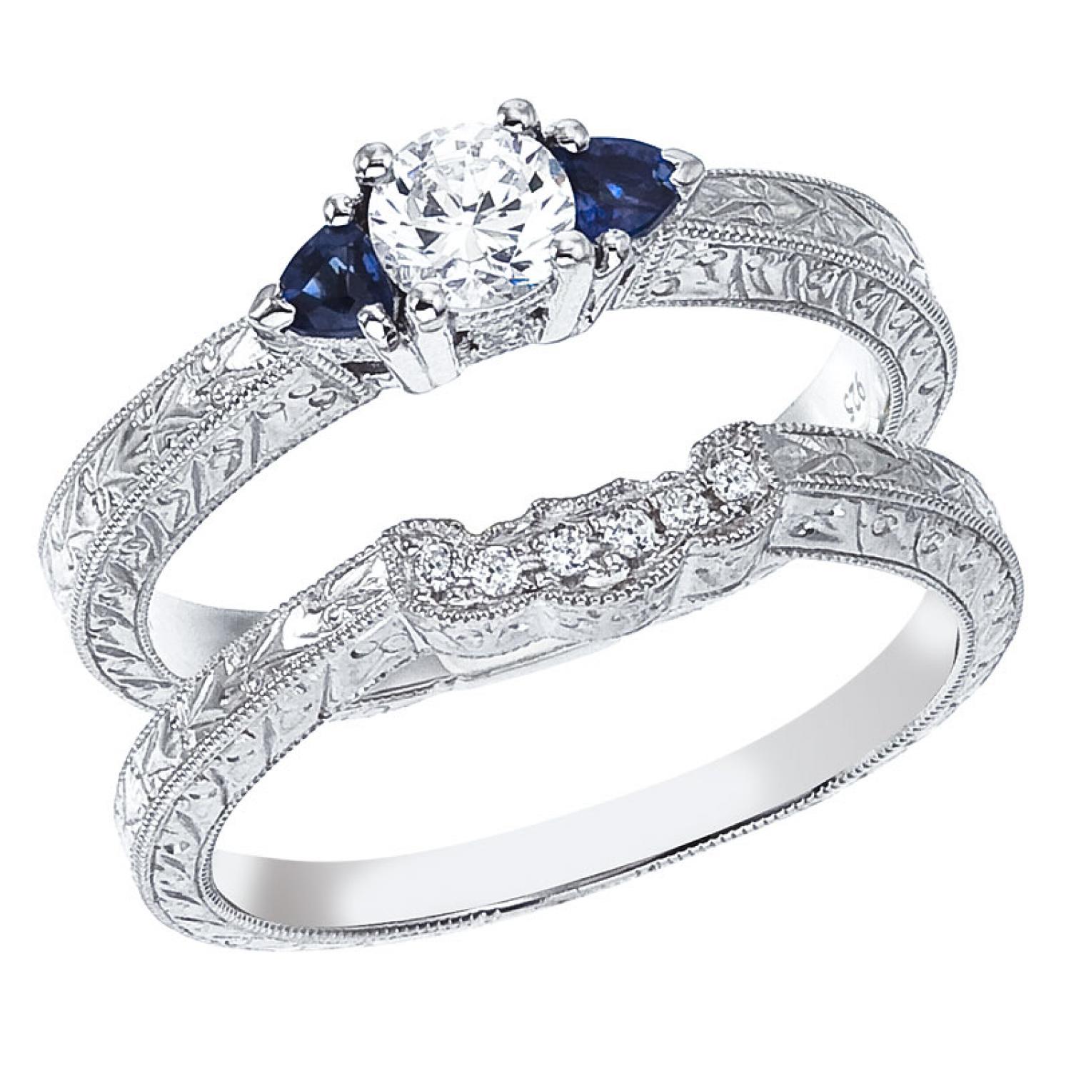 14K White Gold Qpid .45 Ct Diamond and 3mm Sapphire Bridal Ring Set