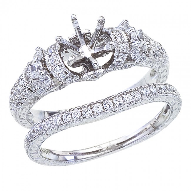 14K White Gold Qpid .59 Ct Diamond Bold Semi Mount Bridal Ring Set