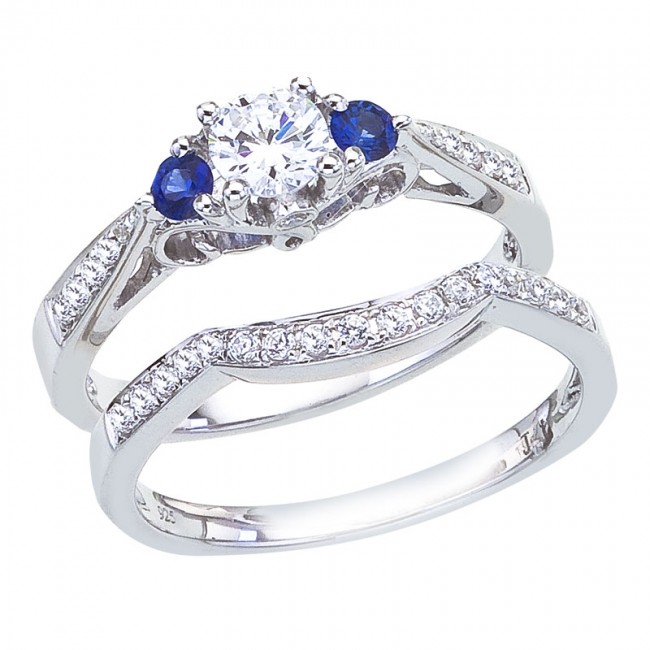 14K White Gold Qpid Diamond and  Sapphire .75 Ct Bridal Ring Set