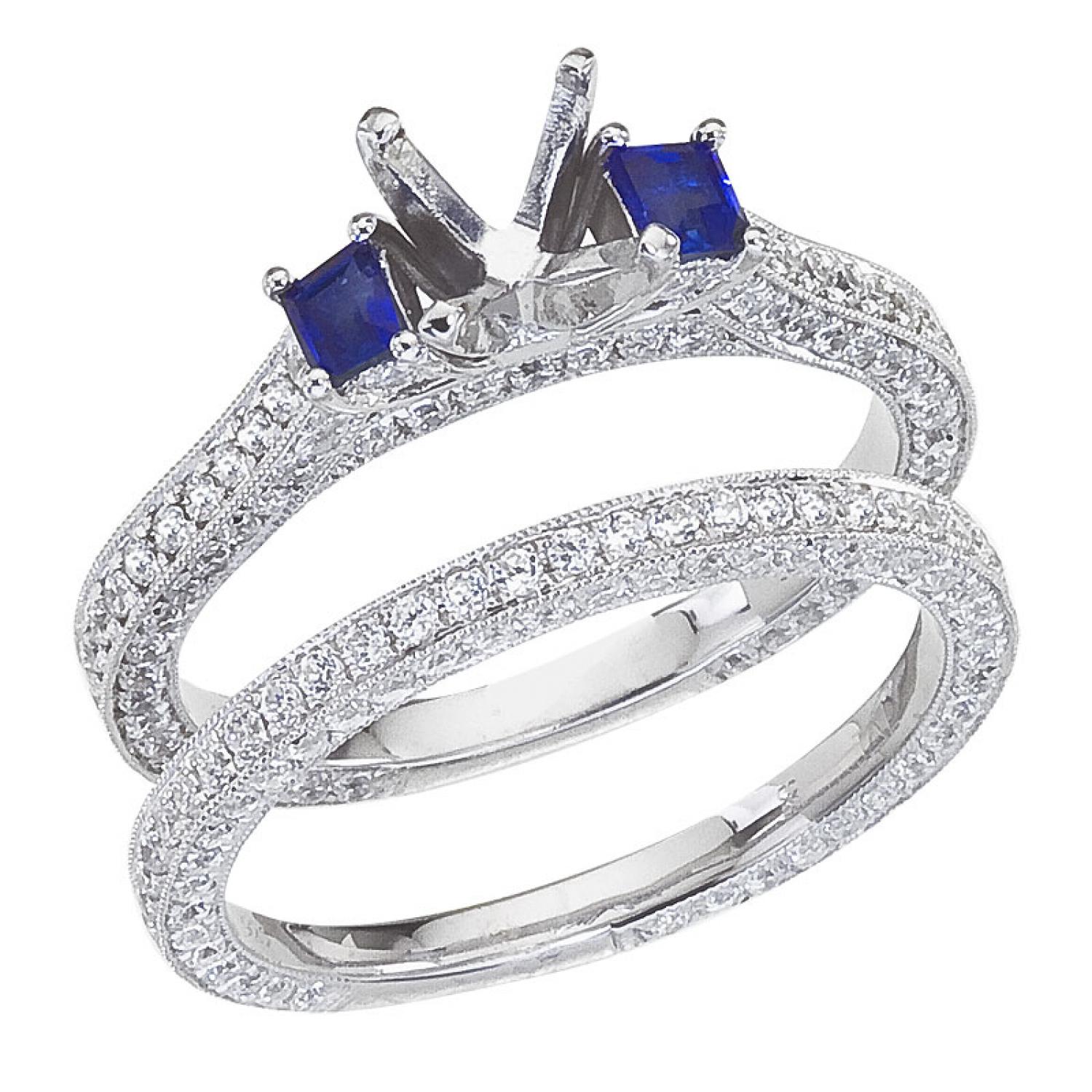 14K White Gold Qpid .85 Ct Diamond and Cushion Sapphire Bridal Ring Set
