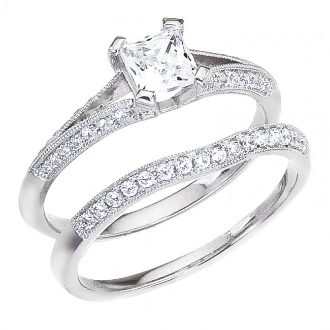 14K White Gold .65 Ct Diamond Princess Bypass Bridal Ring Set