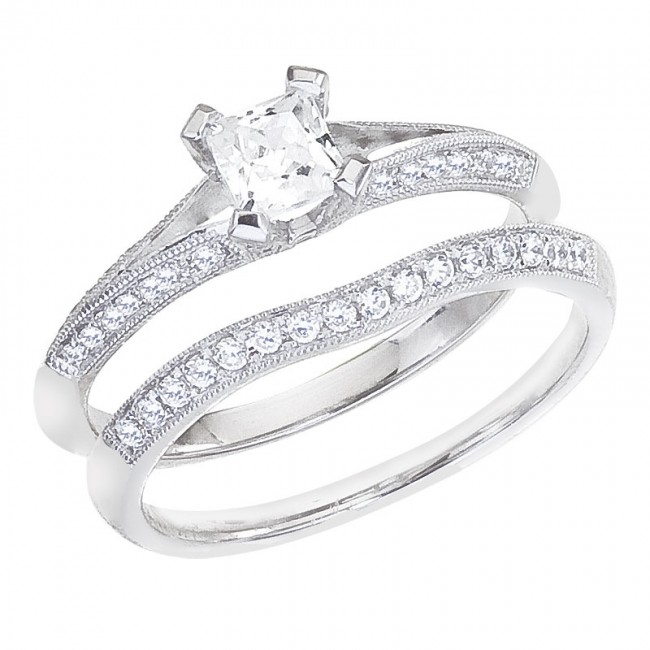 14K White Gold Qpid .68 Ct Diamond Princess Double Shoulder Bridal Ring Set