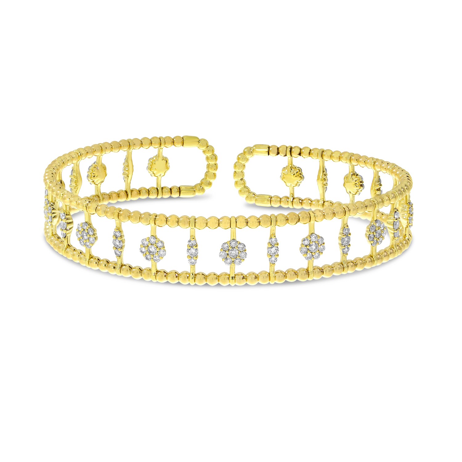14K Yellow Gold Diamond Triple Row Flexible Cuff Bracelet