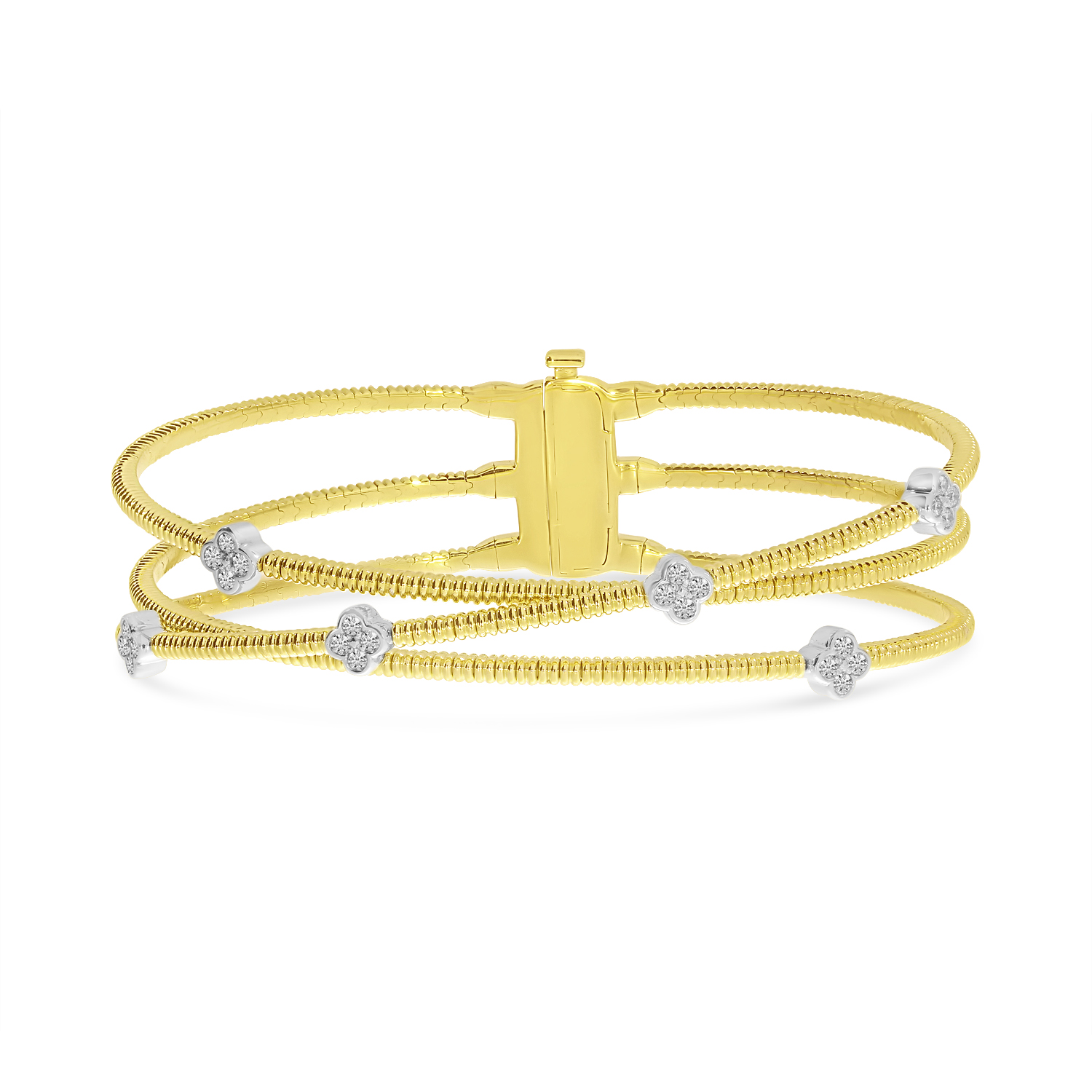 14K Yellow and White Gold Two Tone Diamond Clover Triple Flexible Bracelet