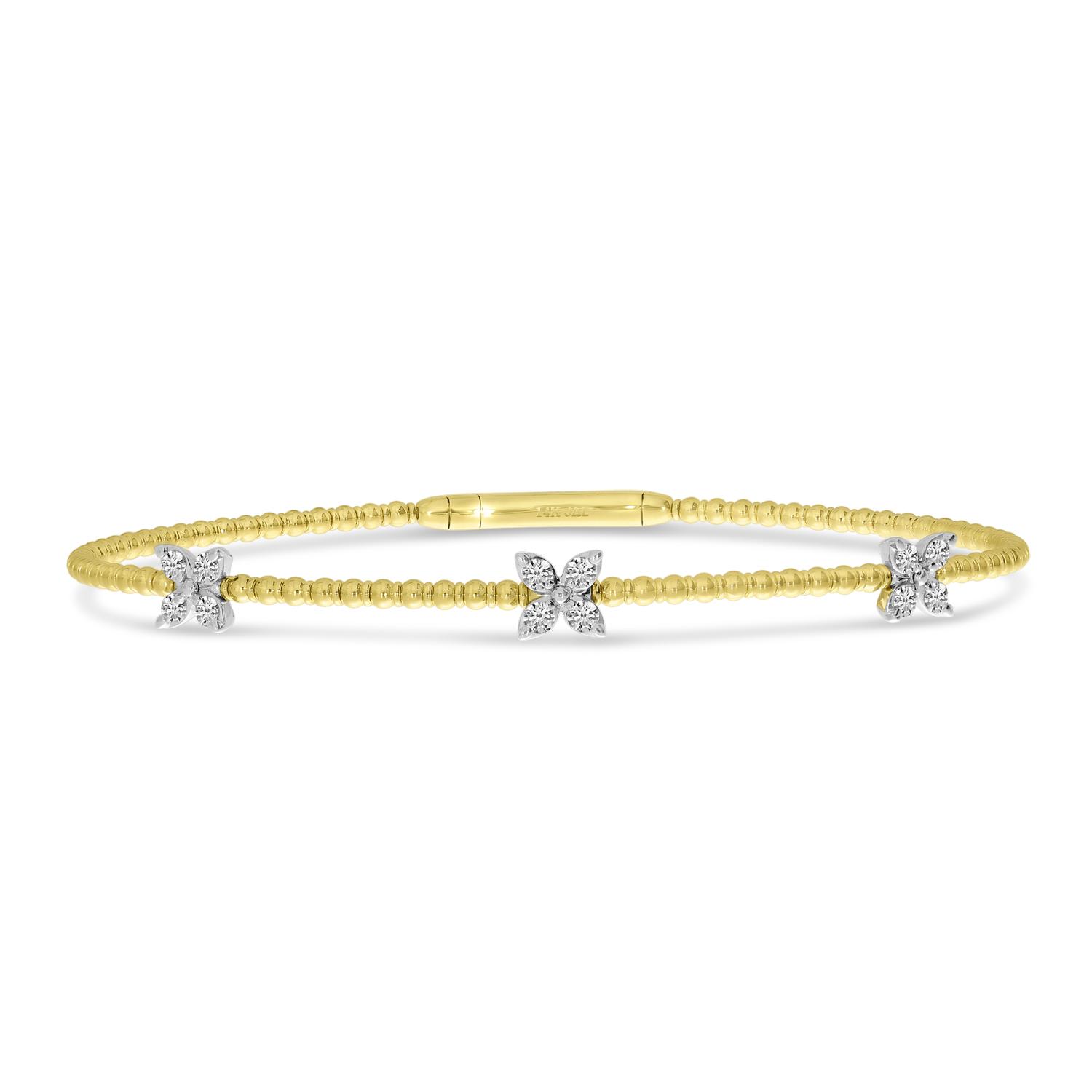 14K Two Tone Gold 3 Station Diamond Flower Flex Bracelet