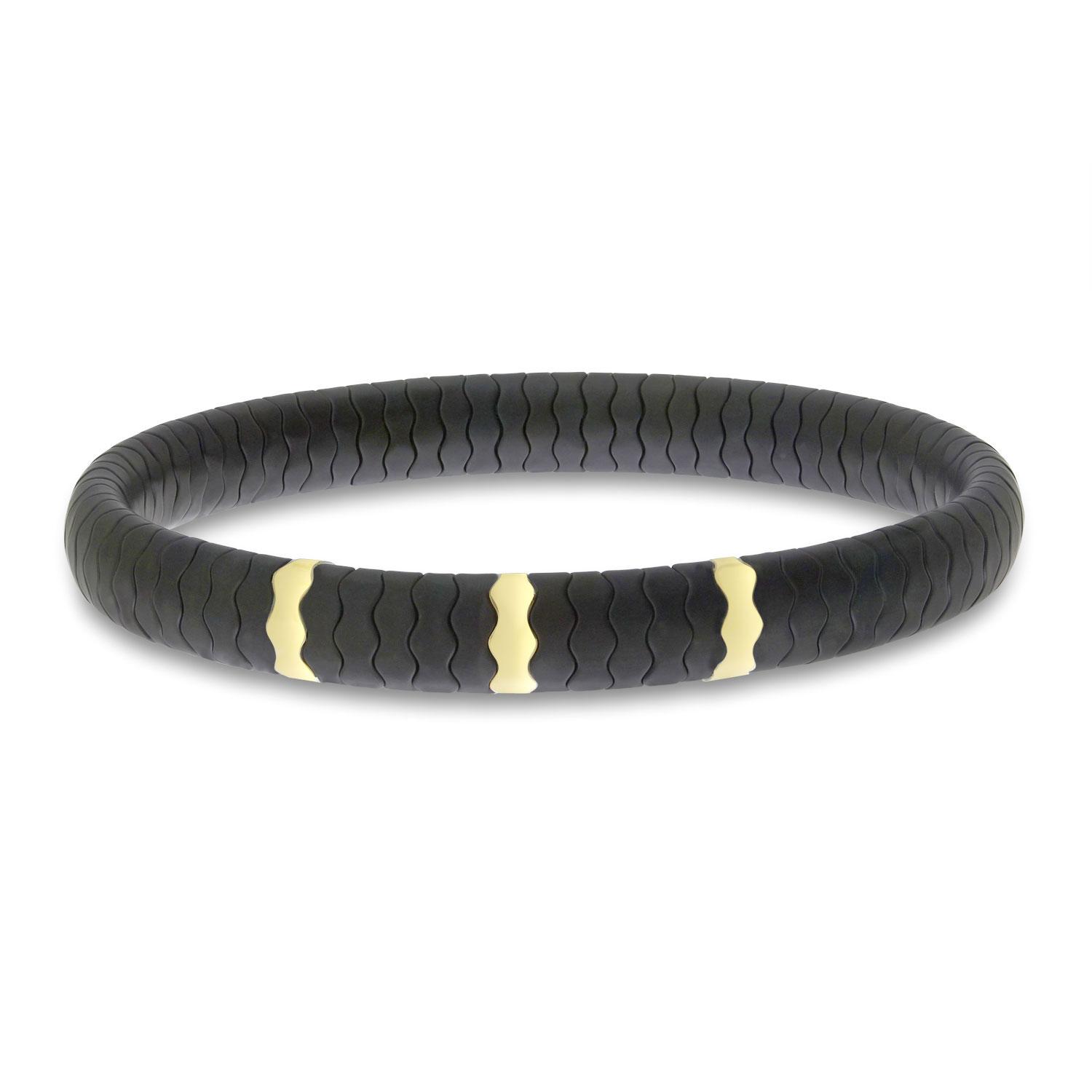 14K Yellow Gold Black Ceramic Three Station Stretch Bracelet