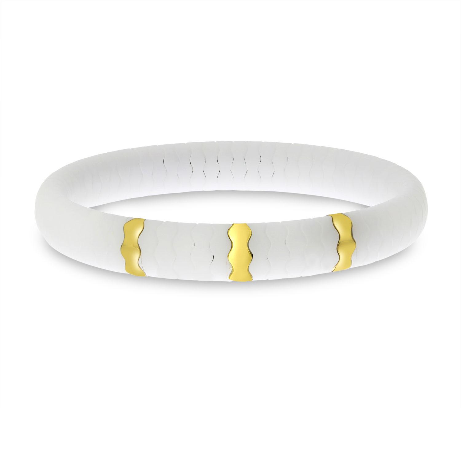 14K Yellow Gold White Ceramic Three Station Stretch Bracelet