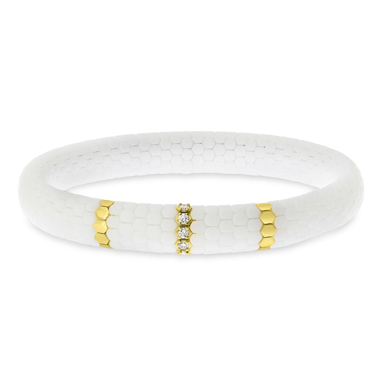 14K Yellow Gold White Ceramic Three Station Stretch Bracelet