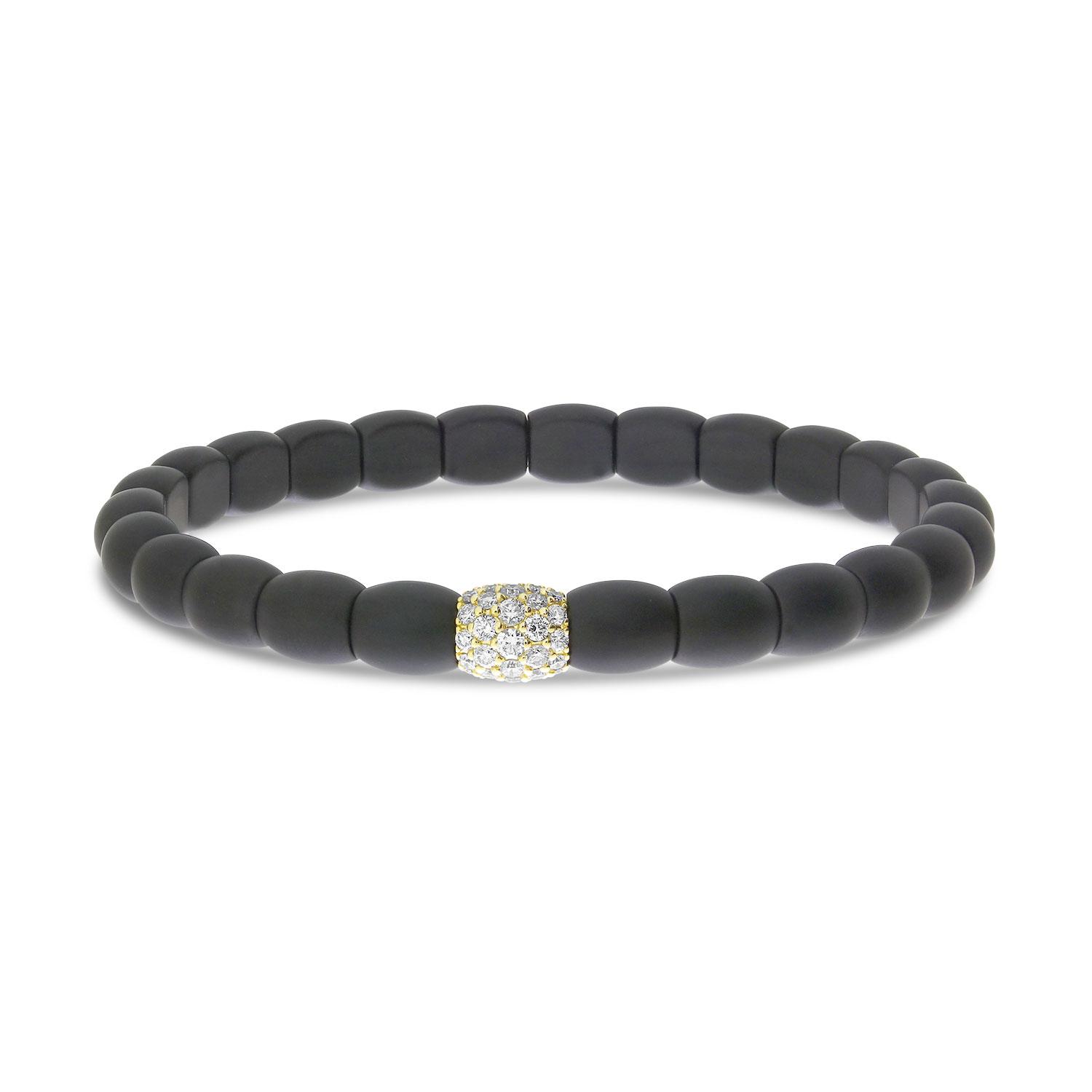 14K Yellow Gold and Diamond Black Ceramic Barrel Stretch Bracelet