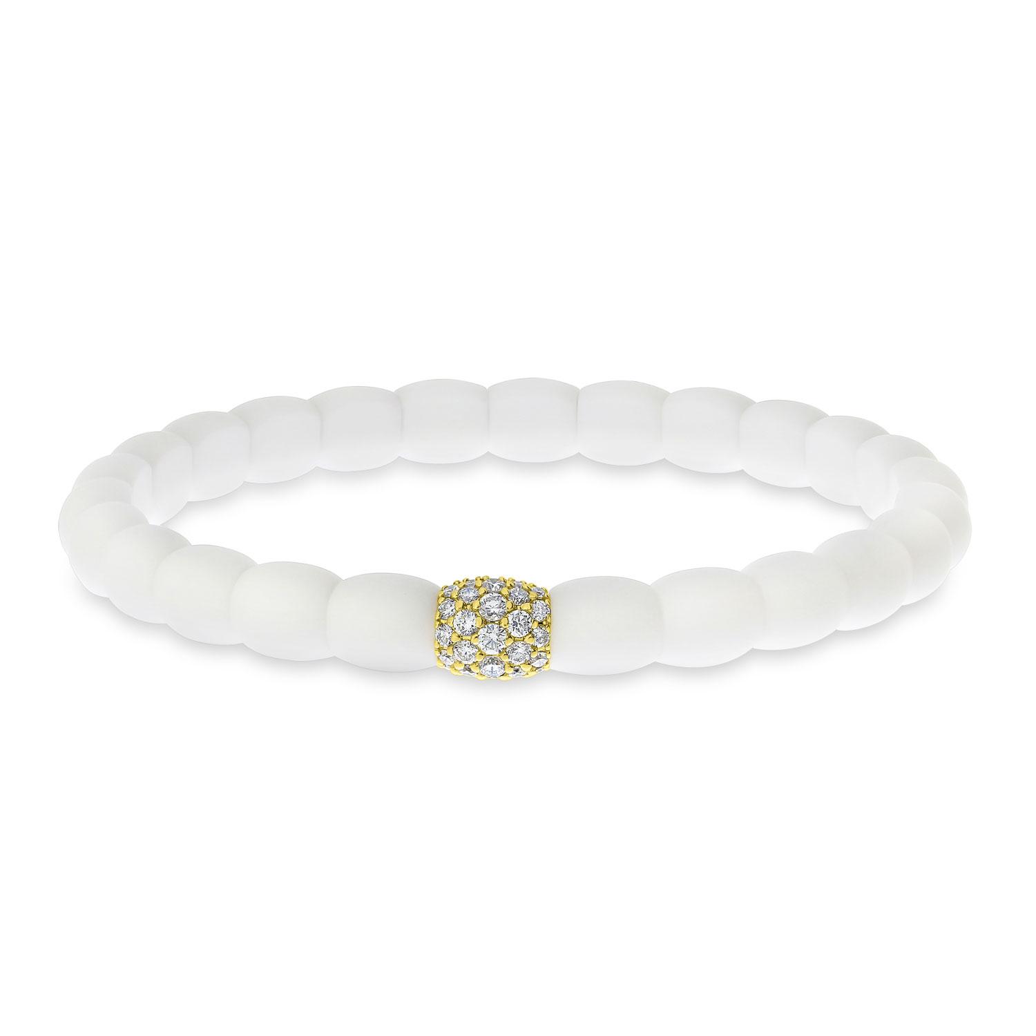 14K Yellow Gold and Diamond White Ceramic Barrel Stretch Bracelet
