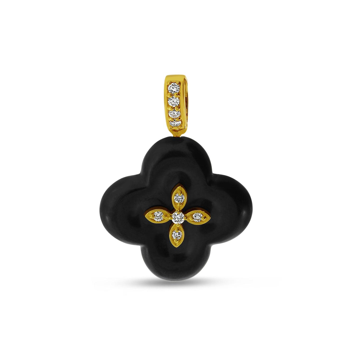 14K Yellow Gold Diamond Black Ceramic Clover Pendant
