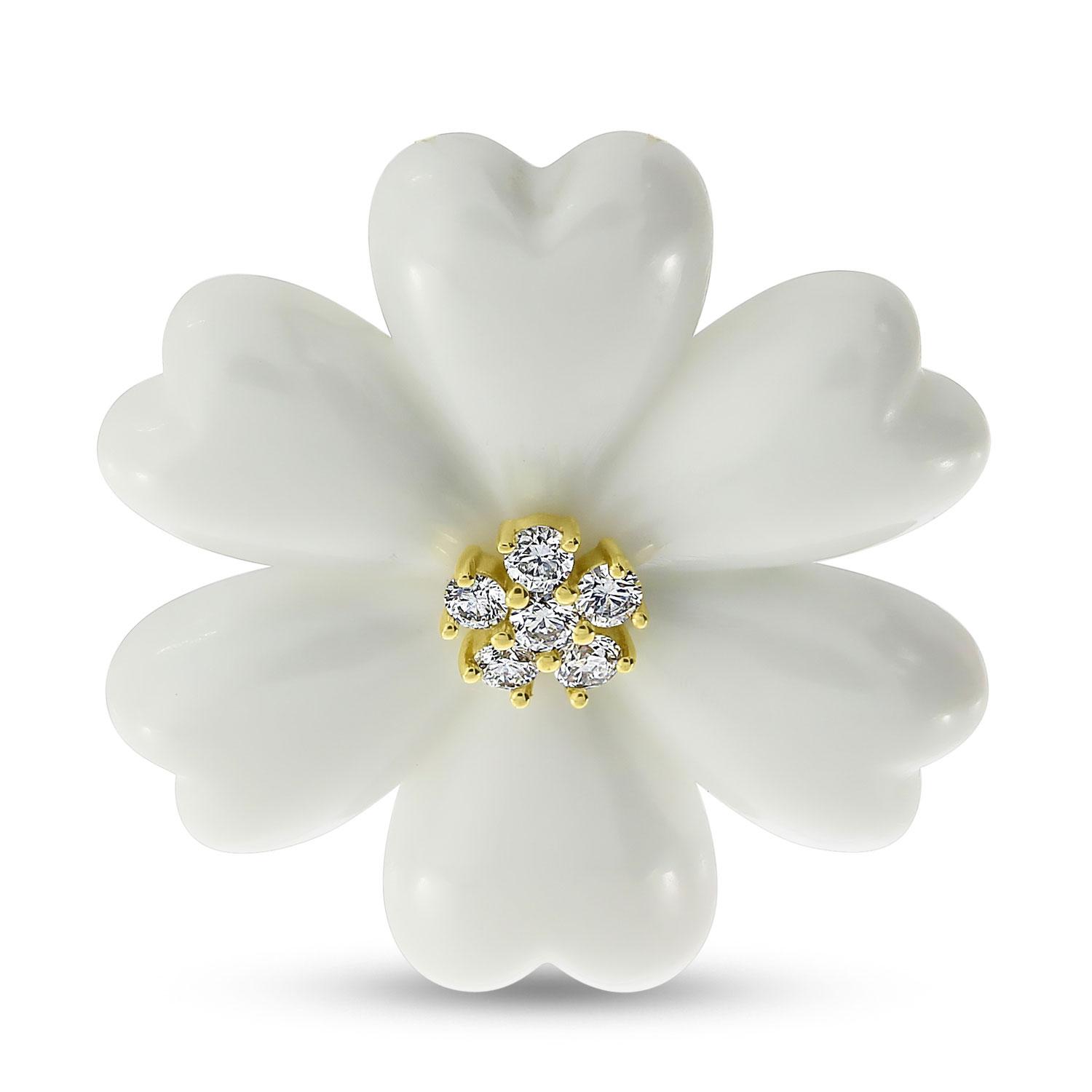 14K Yellow Gold Diamond White Ceramic Floral Pendant