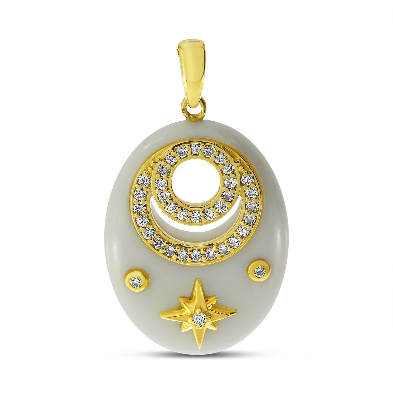 14K Yellow Gold Diamond White Ceramic Celestial Pendant