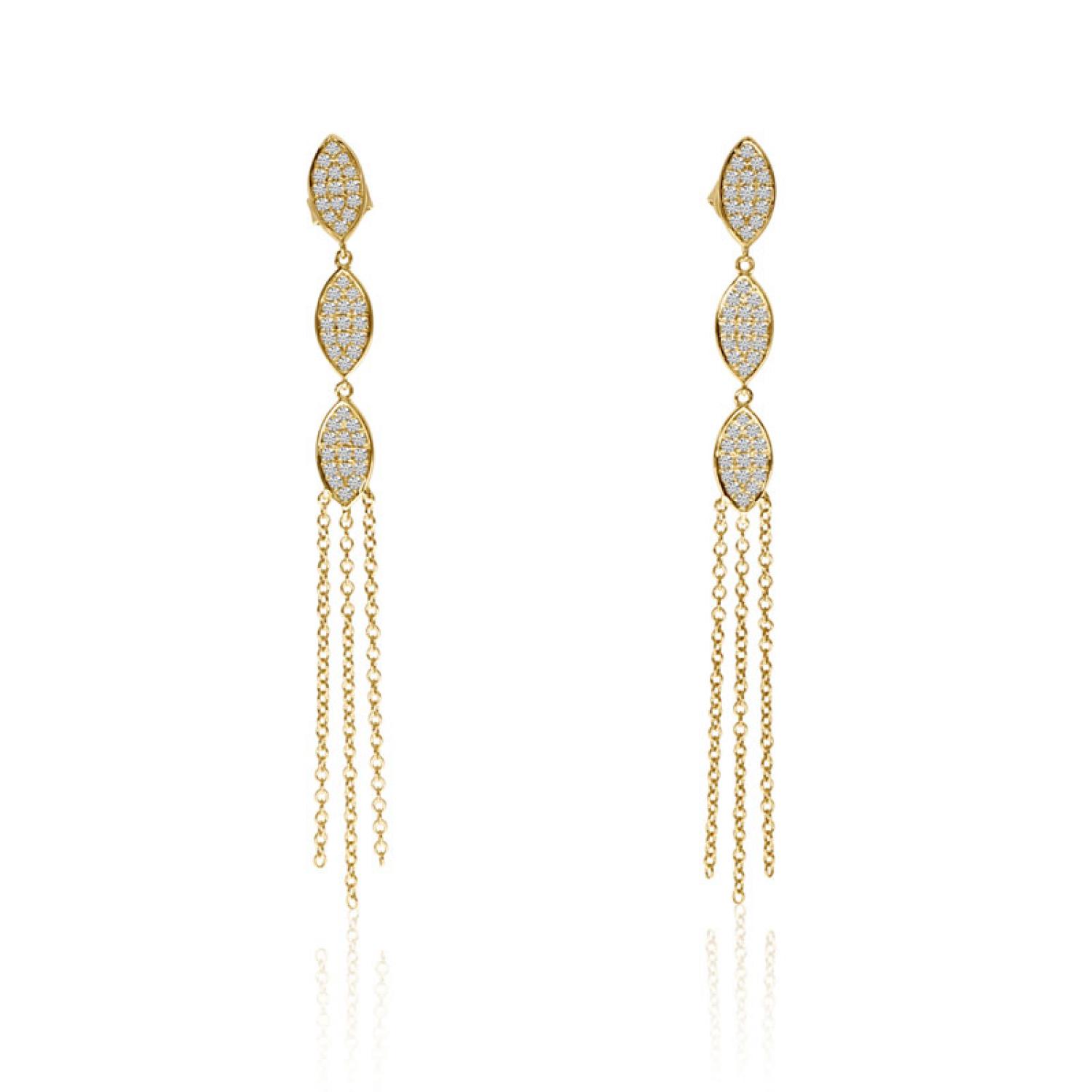 14K Yellow Gold Three Leaf Triple Chain Drop Diamond Fashion Earrings