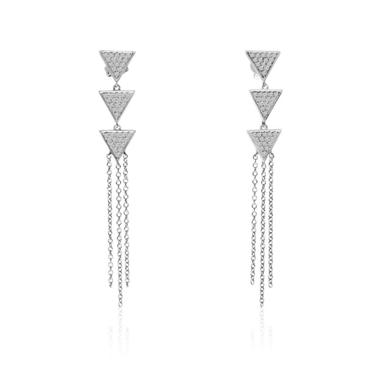 14K White Gold Three Triangle Triple Chain Drop Diamond Fashion Earrings