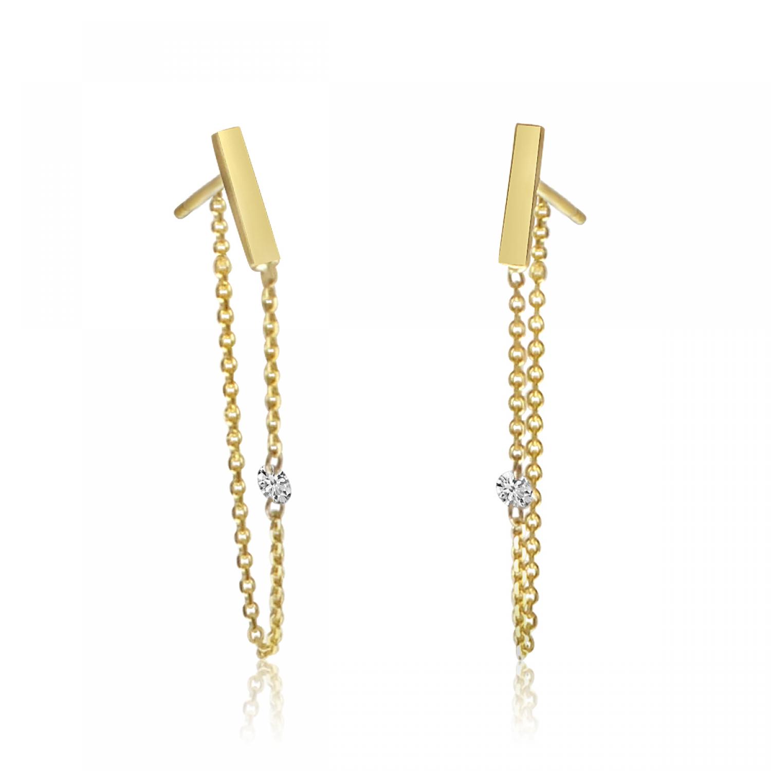 14K Yellow Gold Pierced Diamond Chain Dangling Post Earrings