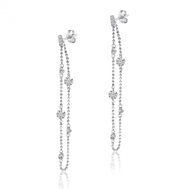 14K White Gold Double Pierced Diamond Chain Dashing Diamond Earrings
