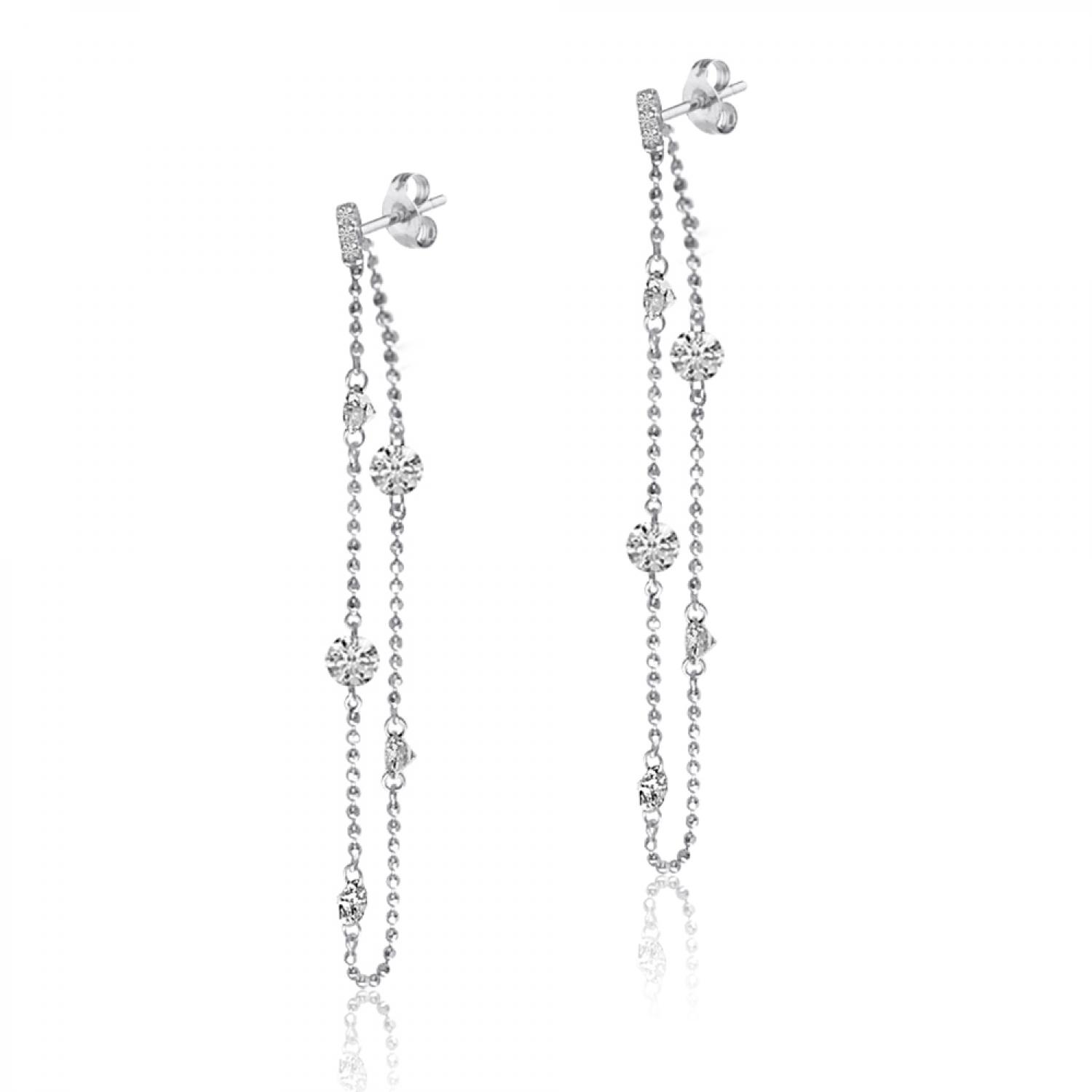 14K White Gold Double Pierced Diamond Chain Dashing Diamond Earrings