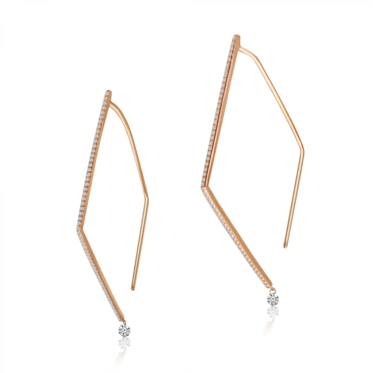 14K Rose Gold Pierced Diamond Triangle Dashing Diamond Geometric Earrings