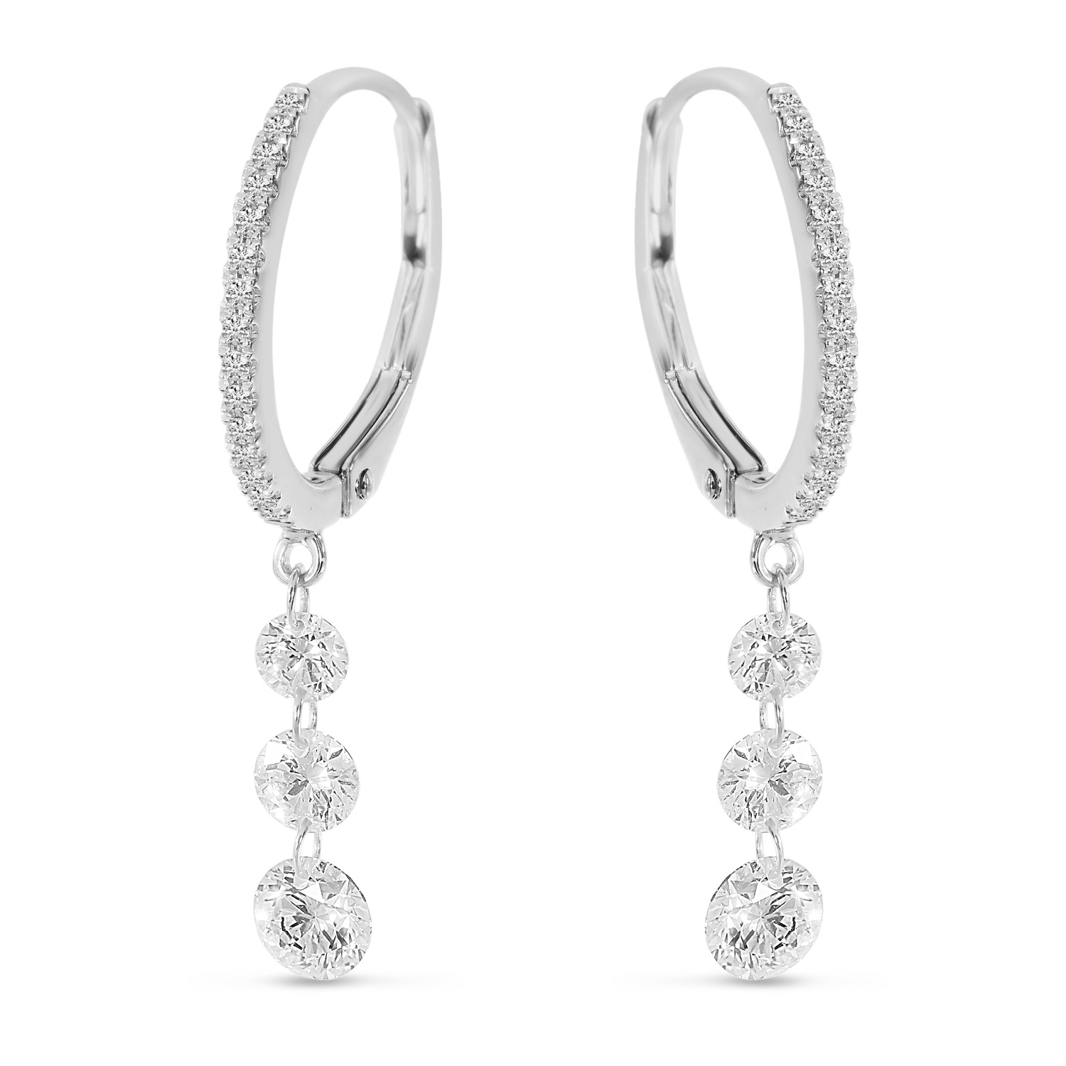 14K White Gold Triple Diamond Dashing Diamond Leverback Earrings