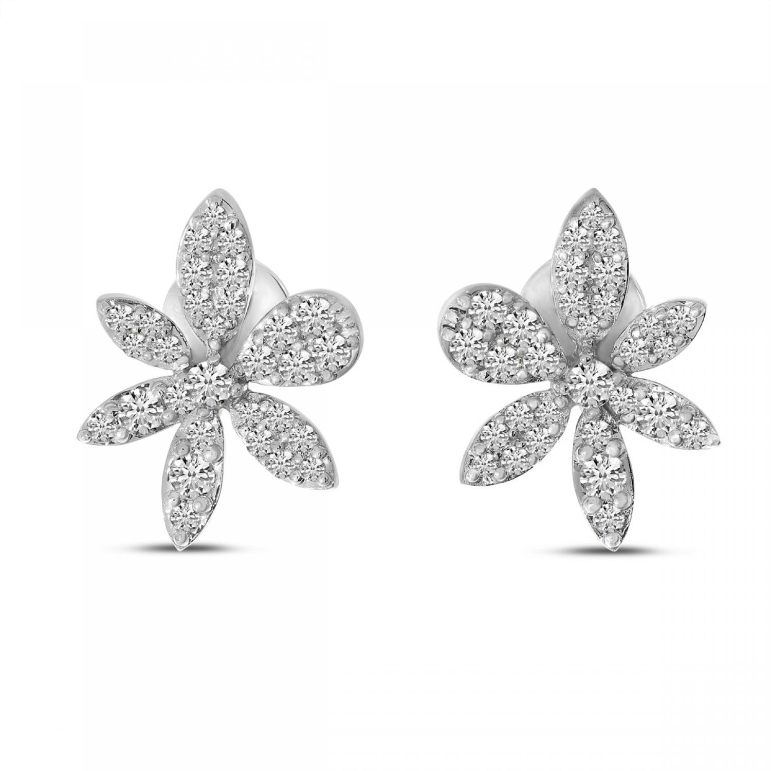 14K White Gold Diamond Flower Post Earrings