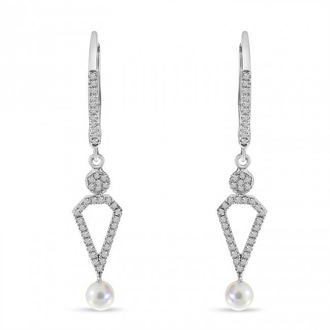 14K White Gold Diamond Leverback and Pearl Dangle Earrings