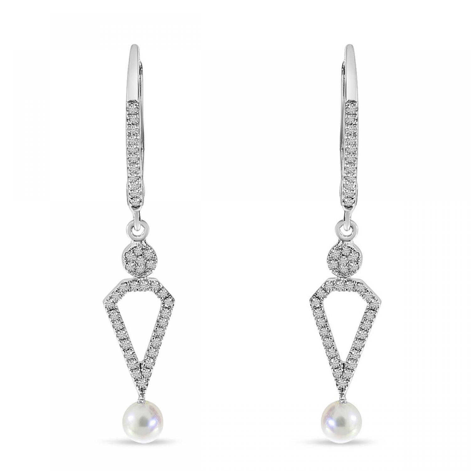 14K White Gold Diamond Leverback and Pearl Dangle Earrings