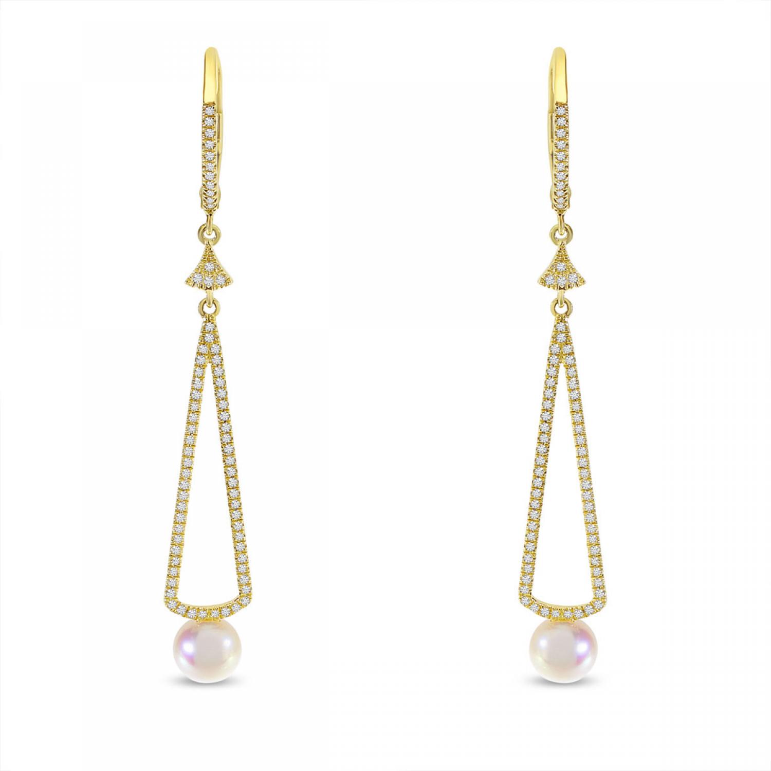 14K Yellow Gold Long Pearl and Diamond Earrings