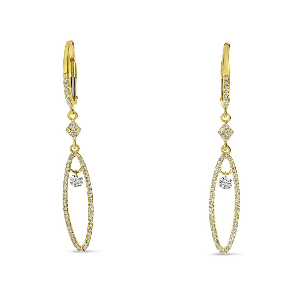 14K Yellow Gold Dashing Diamond Long Oval Dangle Earrings
