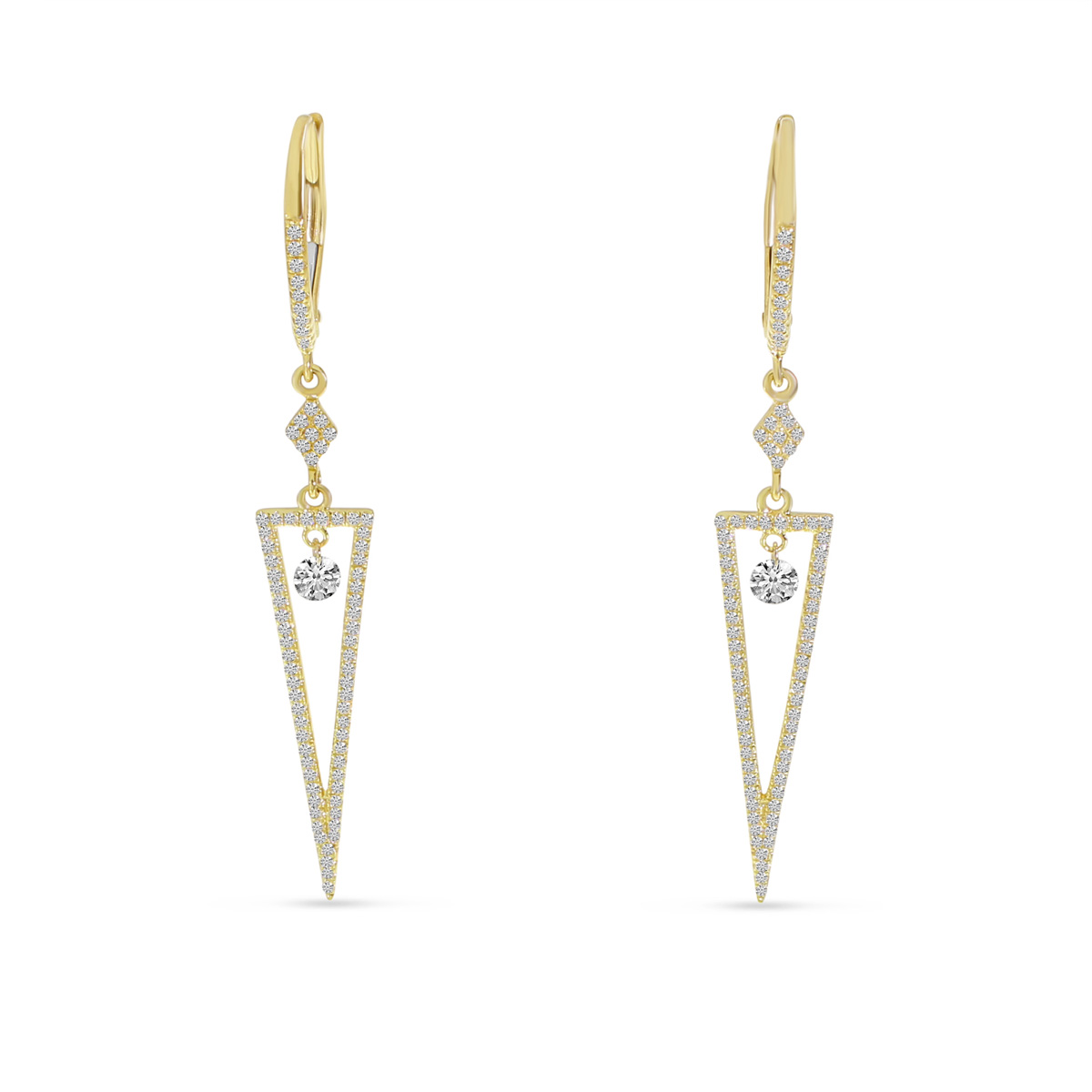 14K Yellow Gold Dashing Diamond Triangle Dangle Earrings