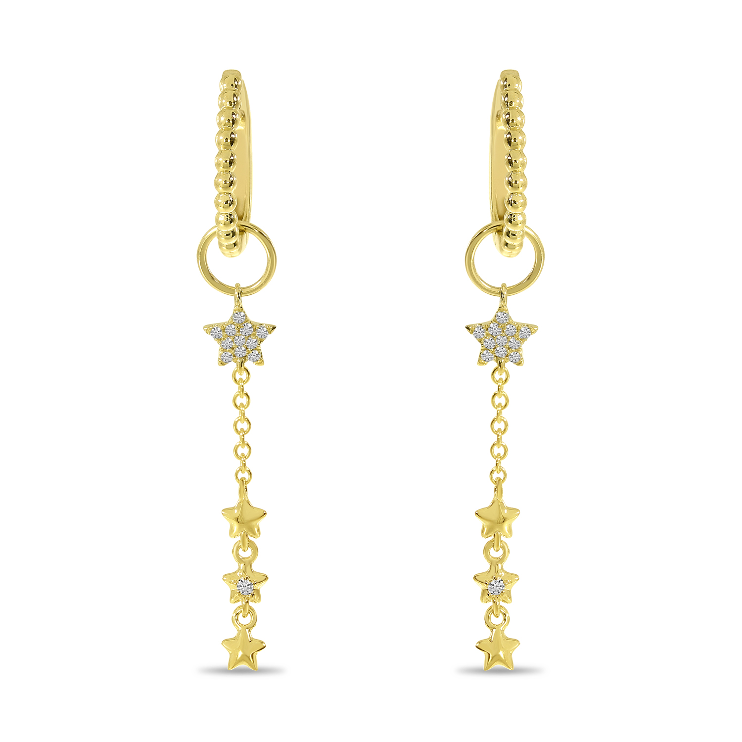 14K Yellow Gold Diamond Star Hoop Dangle Earrings