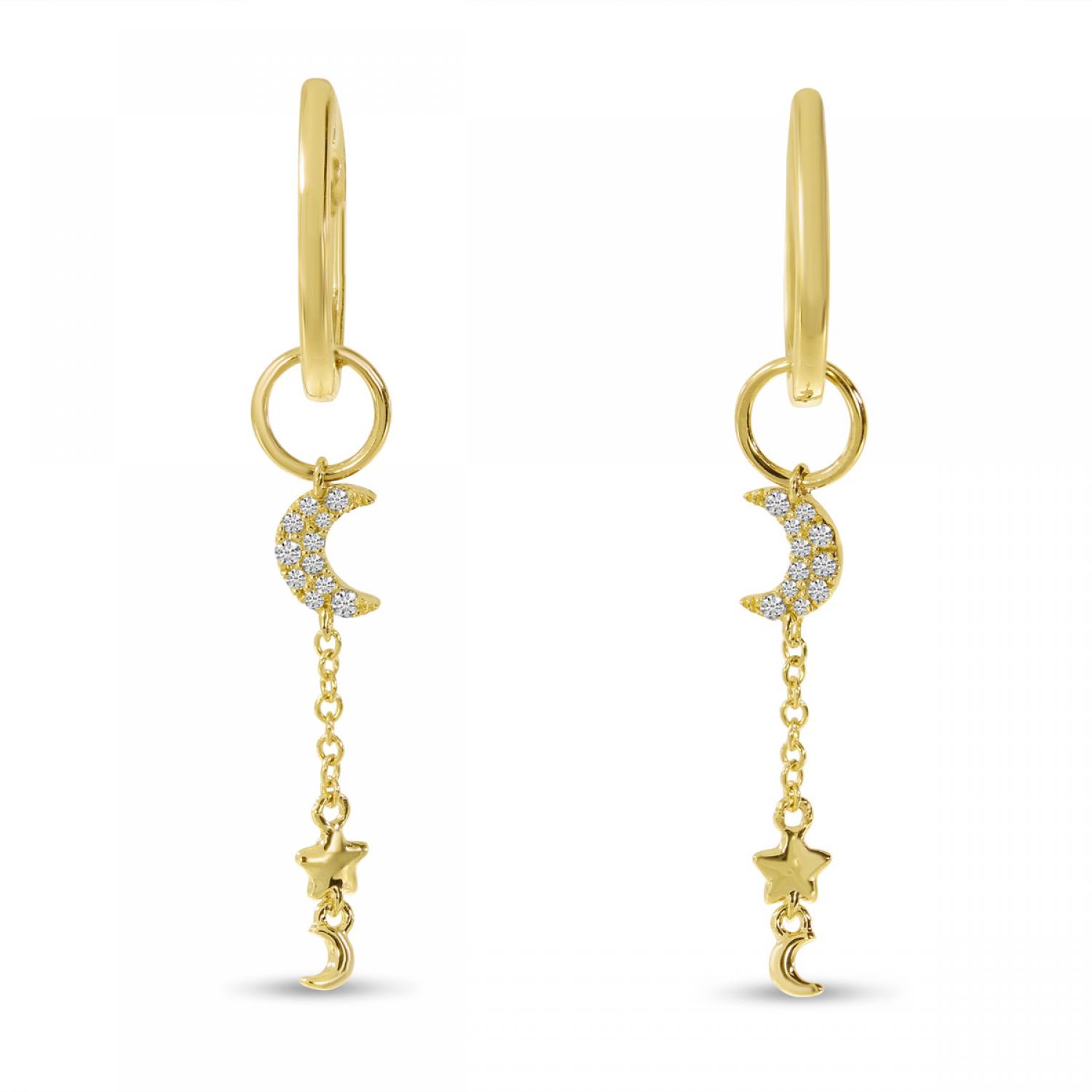 14K Yellow Gold Diamond Moon and Stars Dangle Hoop Earrings