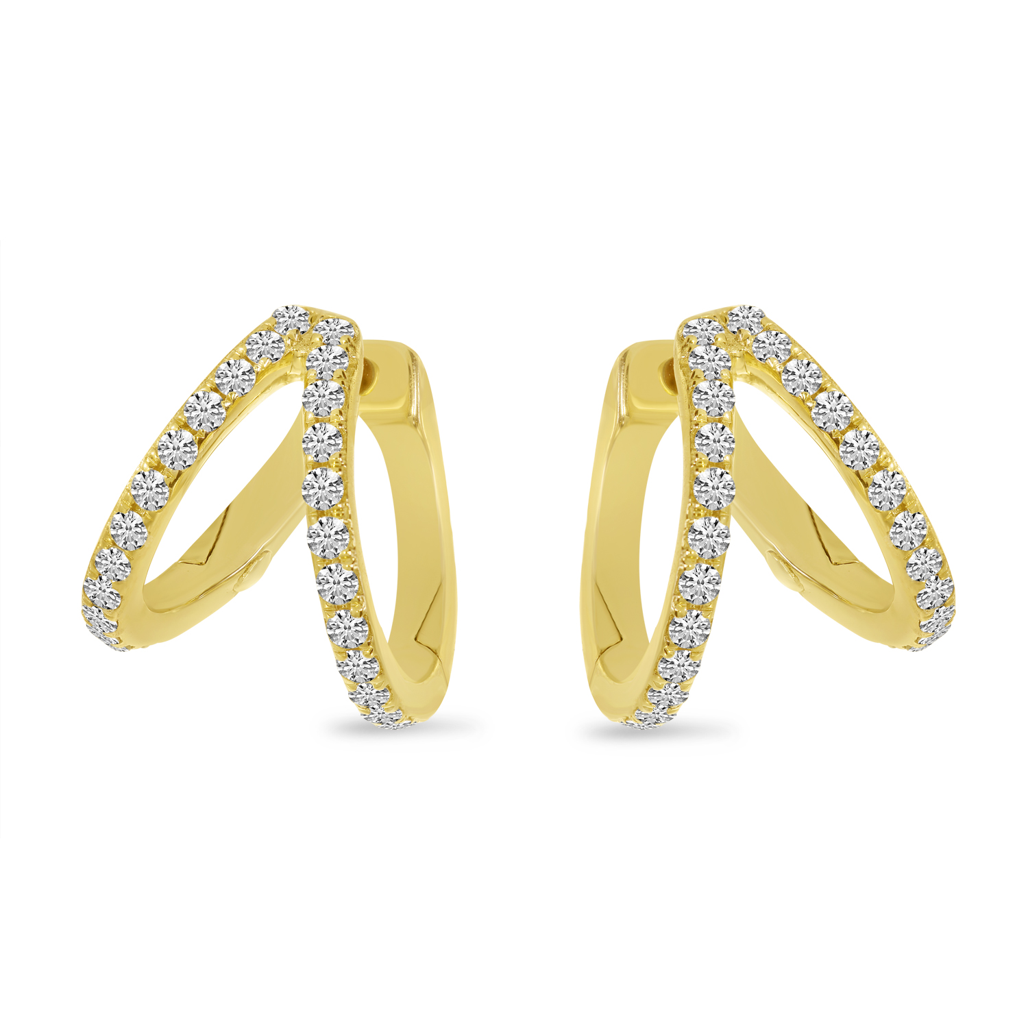 14K Yellow Gold Double Row Diamond Huggie Earrings