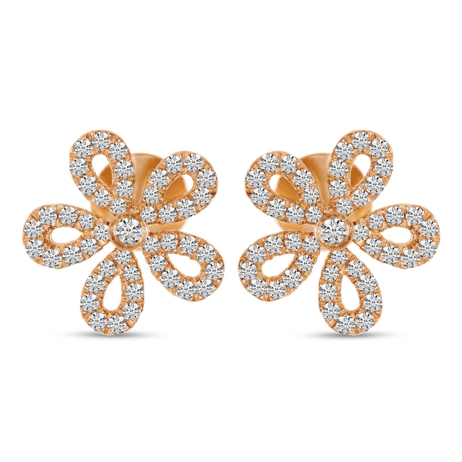 14K Rose Gold Small Diamond Floral Earrings