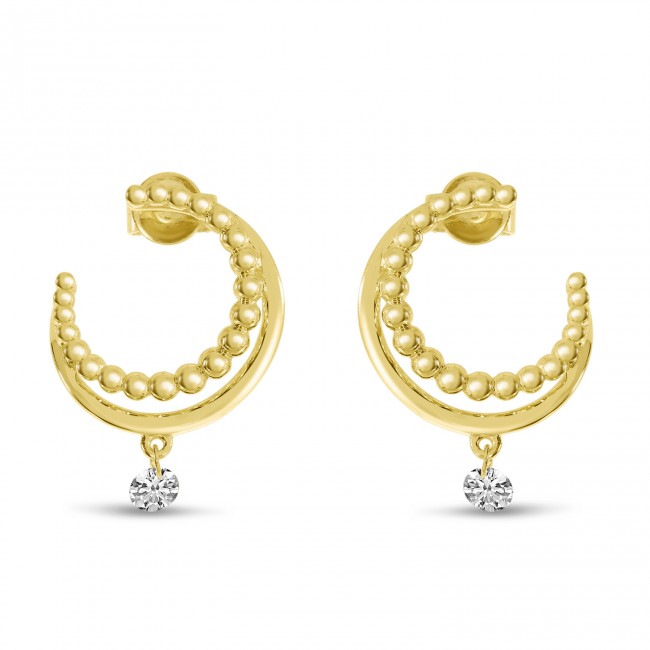 14K Yellow Gold Dashing Diamond Gold Beaded Front Hoop Single Pierced Diamond Earrings