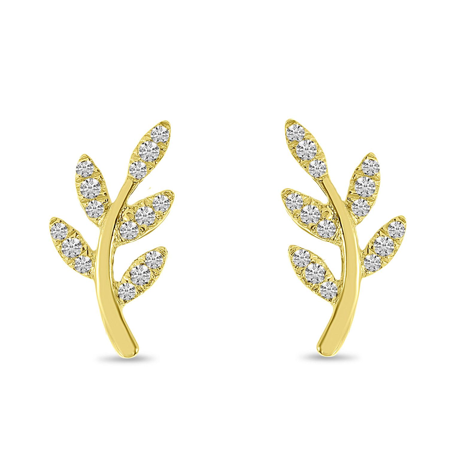 14K Yellow Gold Diamond Leaf Post Earrings
