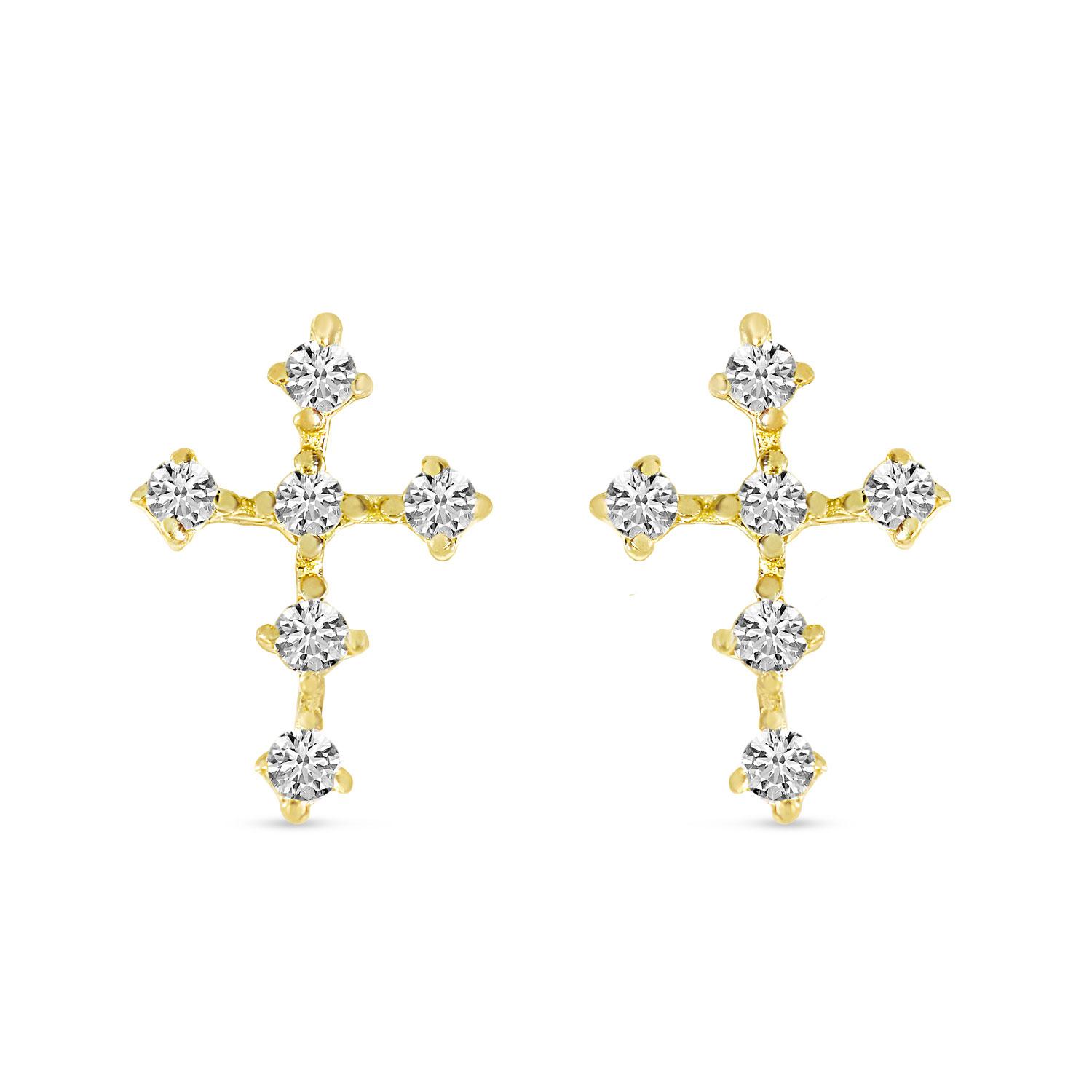 14K Yellow Gold Diamond Mini Cross Stud Earrings