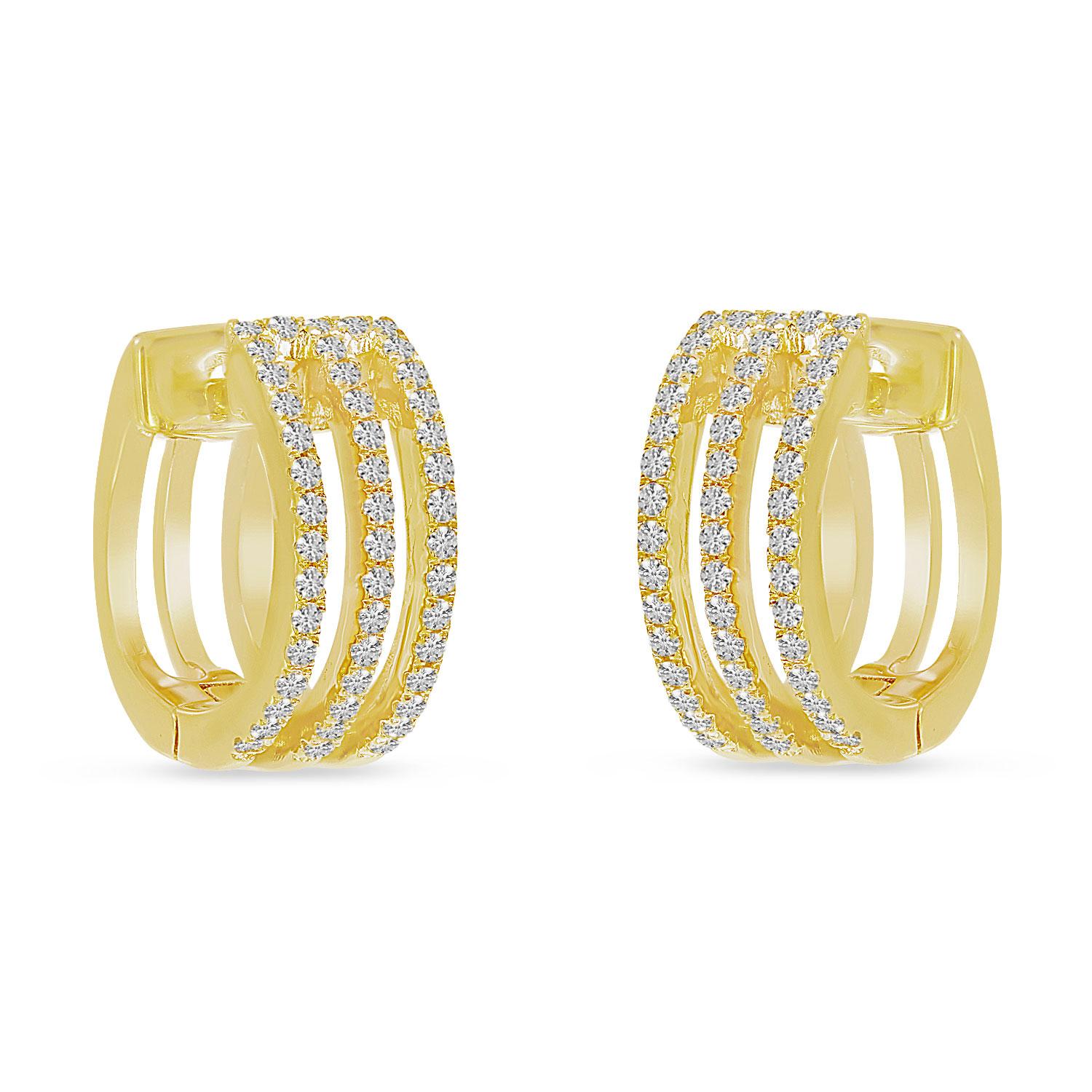 14K Yellow Gold Triple Row Diamond Huggie Earrings