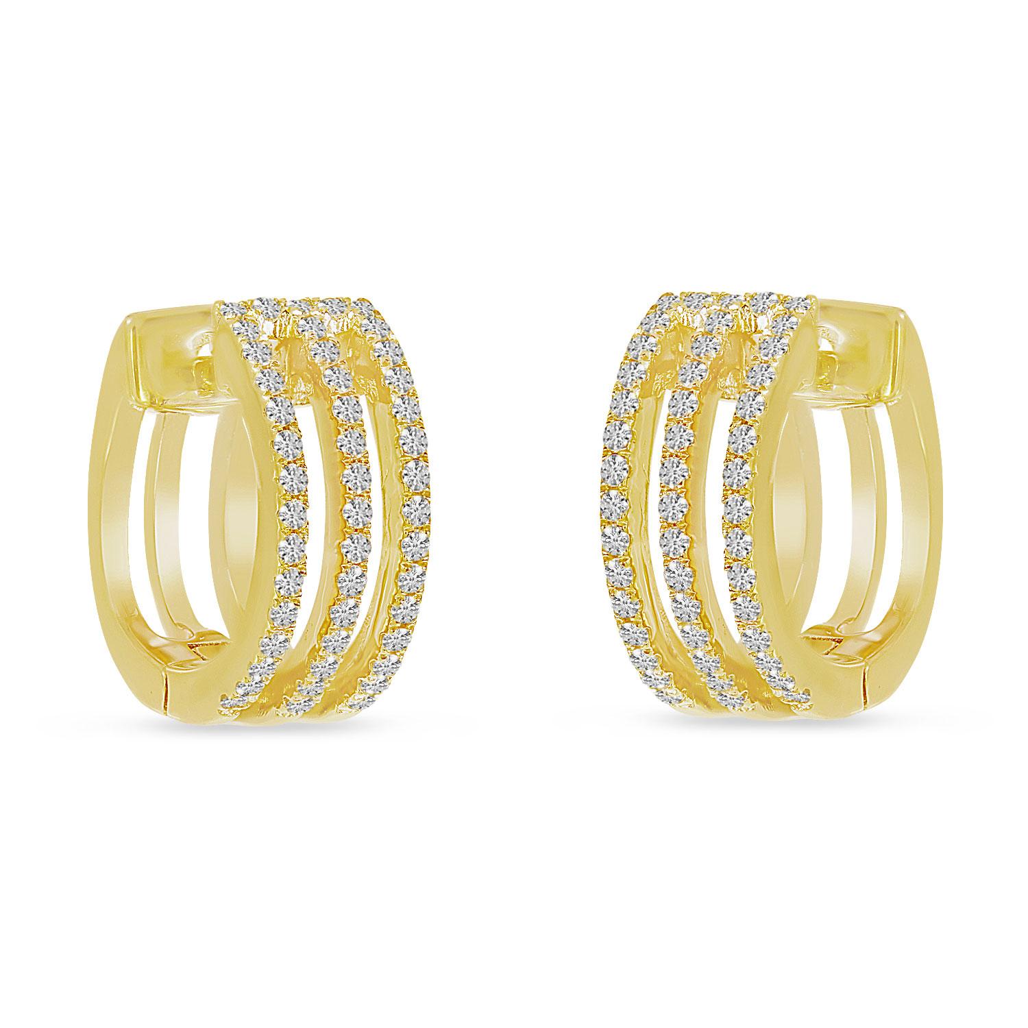 14K Yellow Triple Row Diamond Huggie Earrings