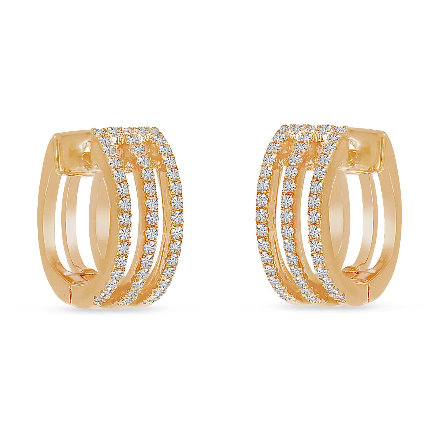 14K Rose Triple Row Diamond Huggie Earrings