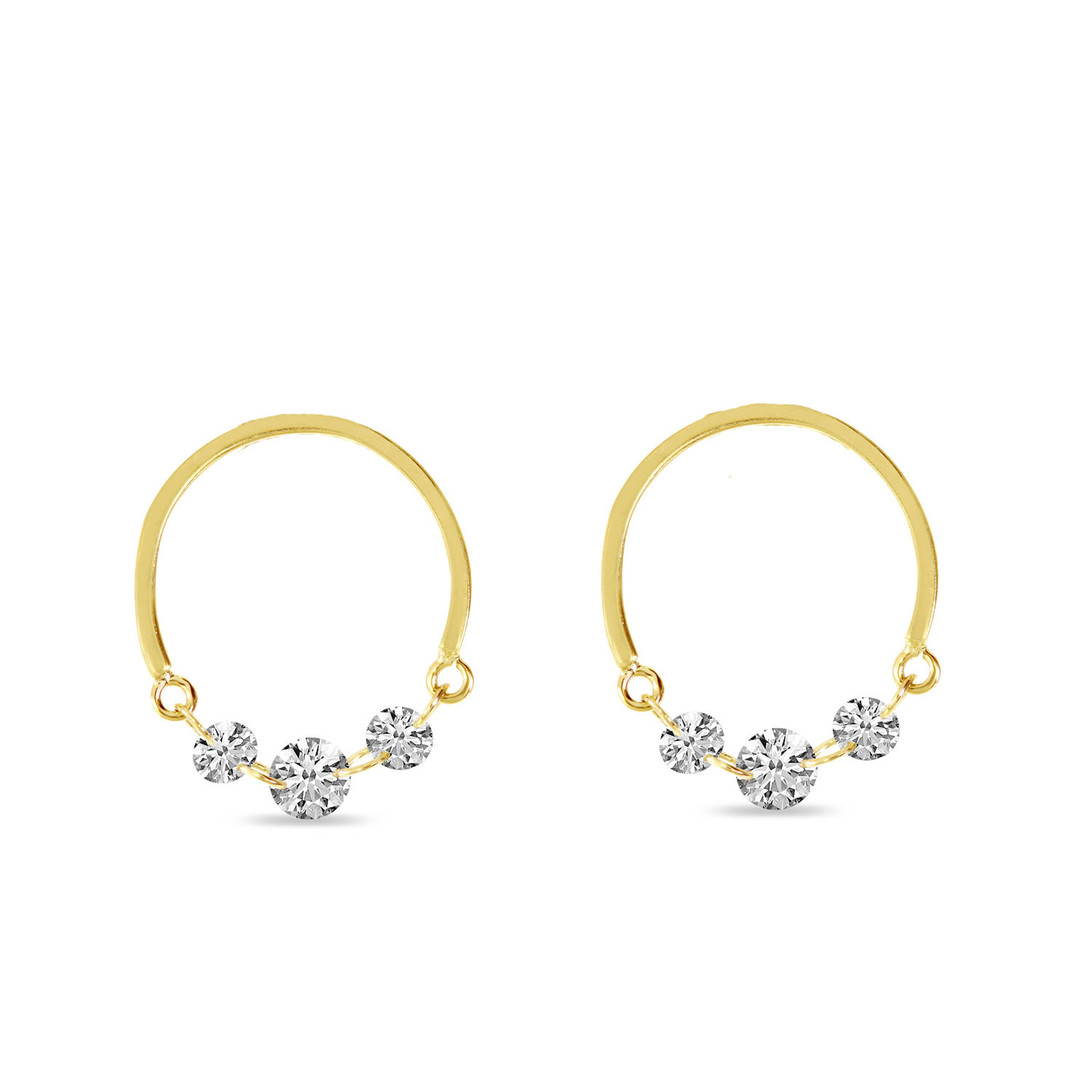 14K Yellow Gold Dashing Diamond Half Circle Front Hoop Earrings