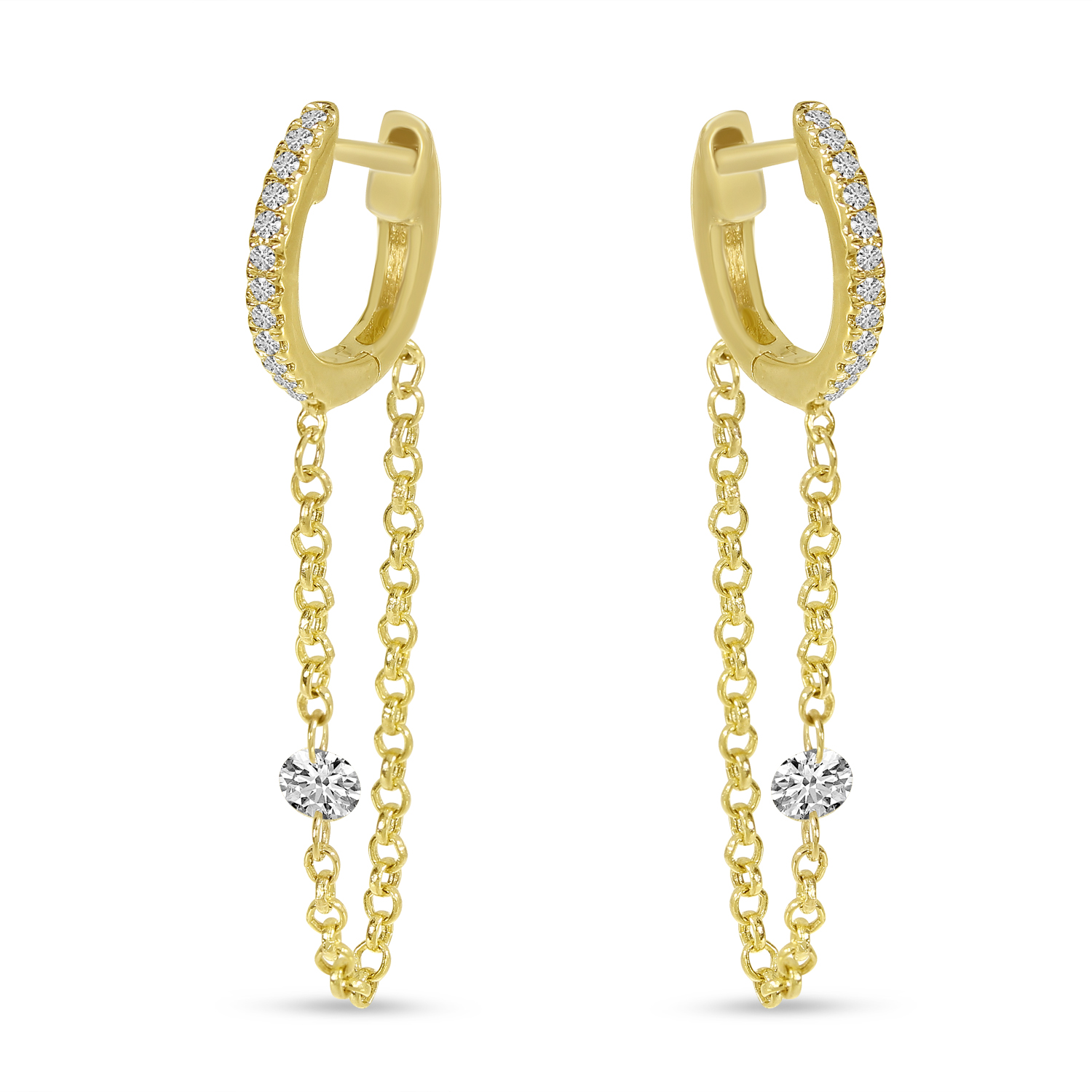 14K Yellow Gold Dashing Diamond Single Diamond Chain Huggie Earrings