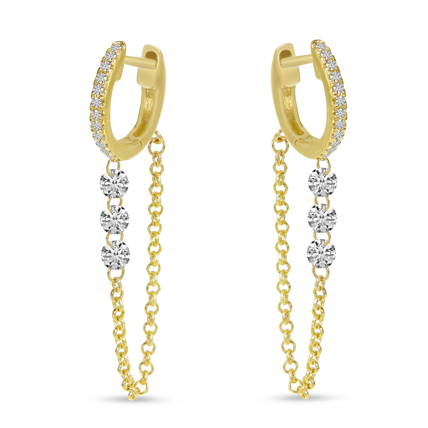 14K Yellow Gold Dashing Diamond Triple Diamond Chain Huggie Earrings