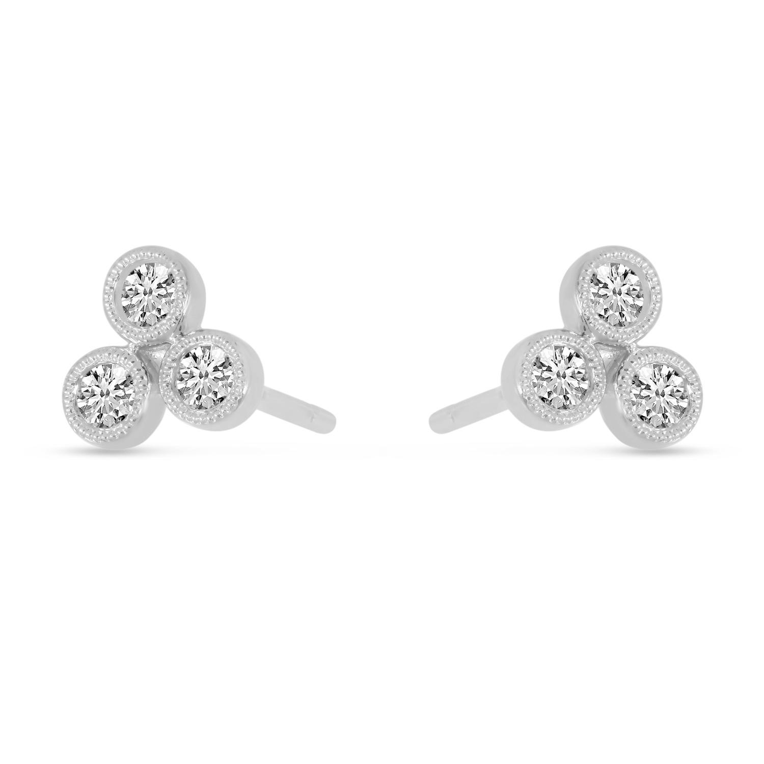 14K White Gold Triple Diamond Bezel Stud Earrings