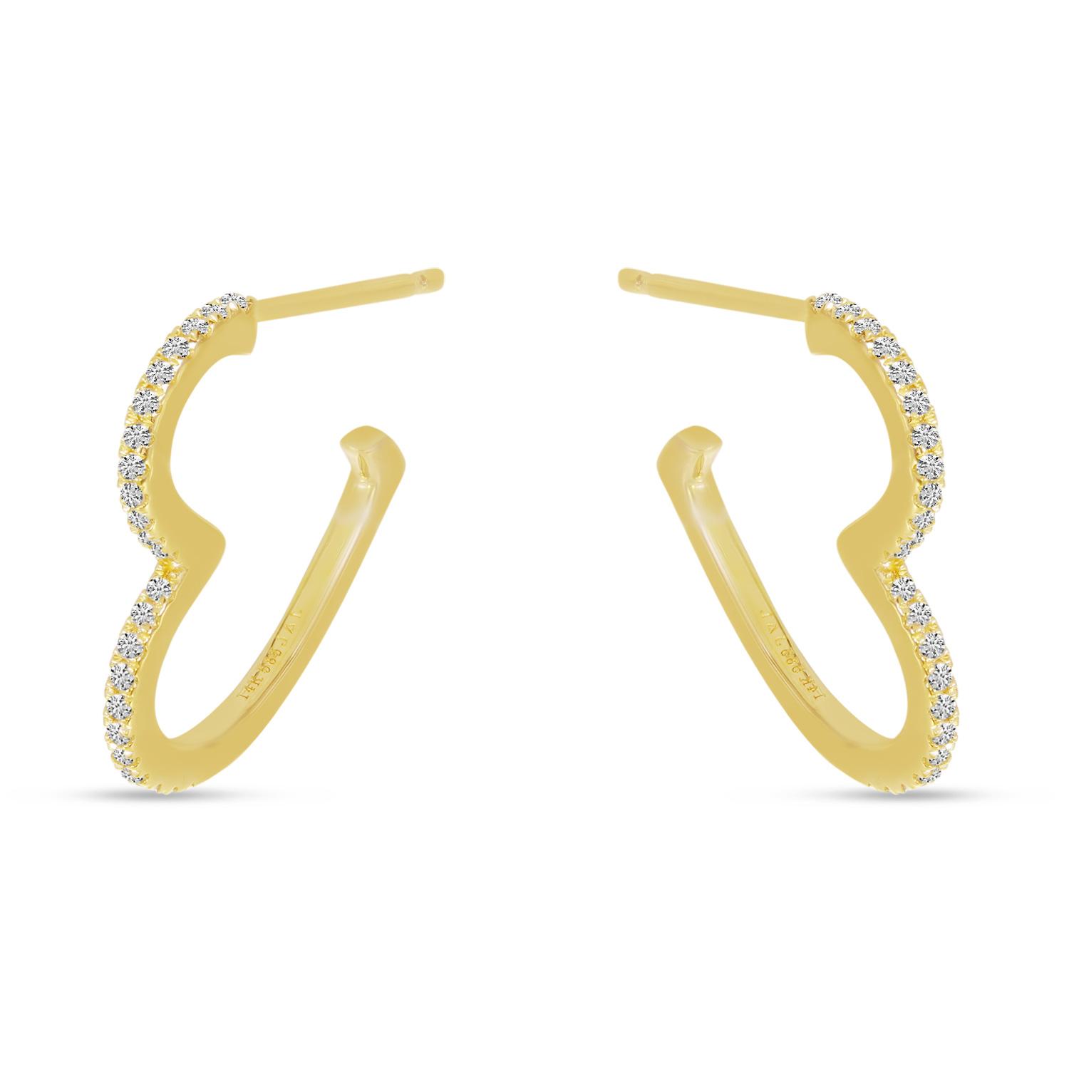 14K Yellow Gold Diamond Open Heart Hoop Earrings