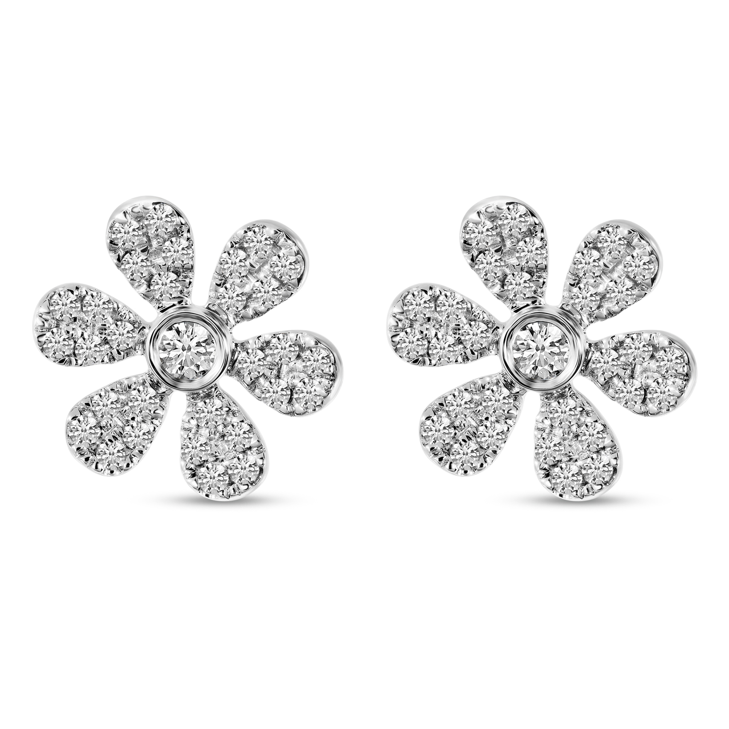 14K White Gold Small Diamond Pave Flower Stud Earrings