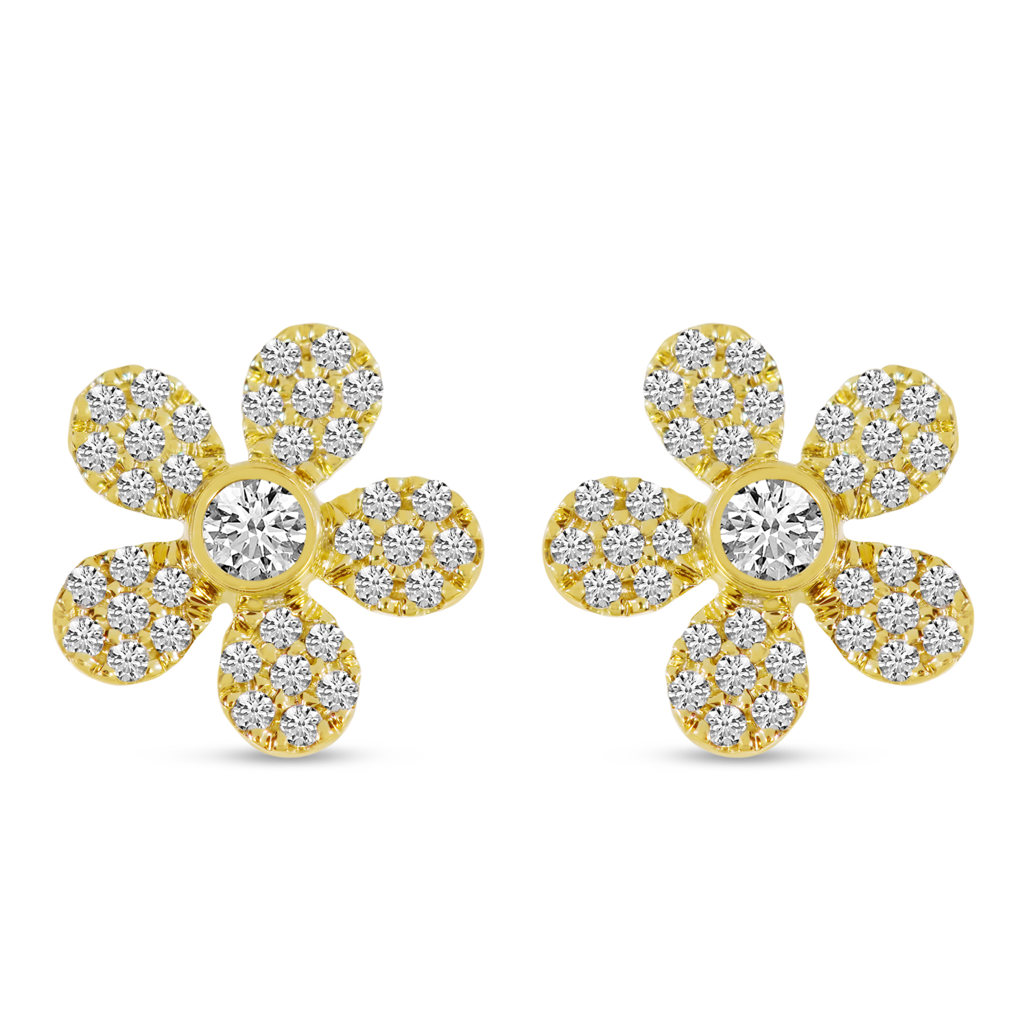 14K Yellow Gold Diamond Pave Flower Stud Earrings