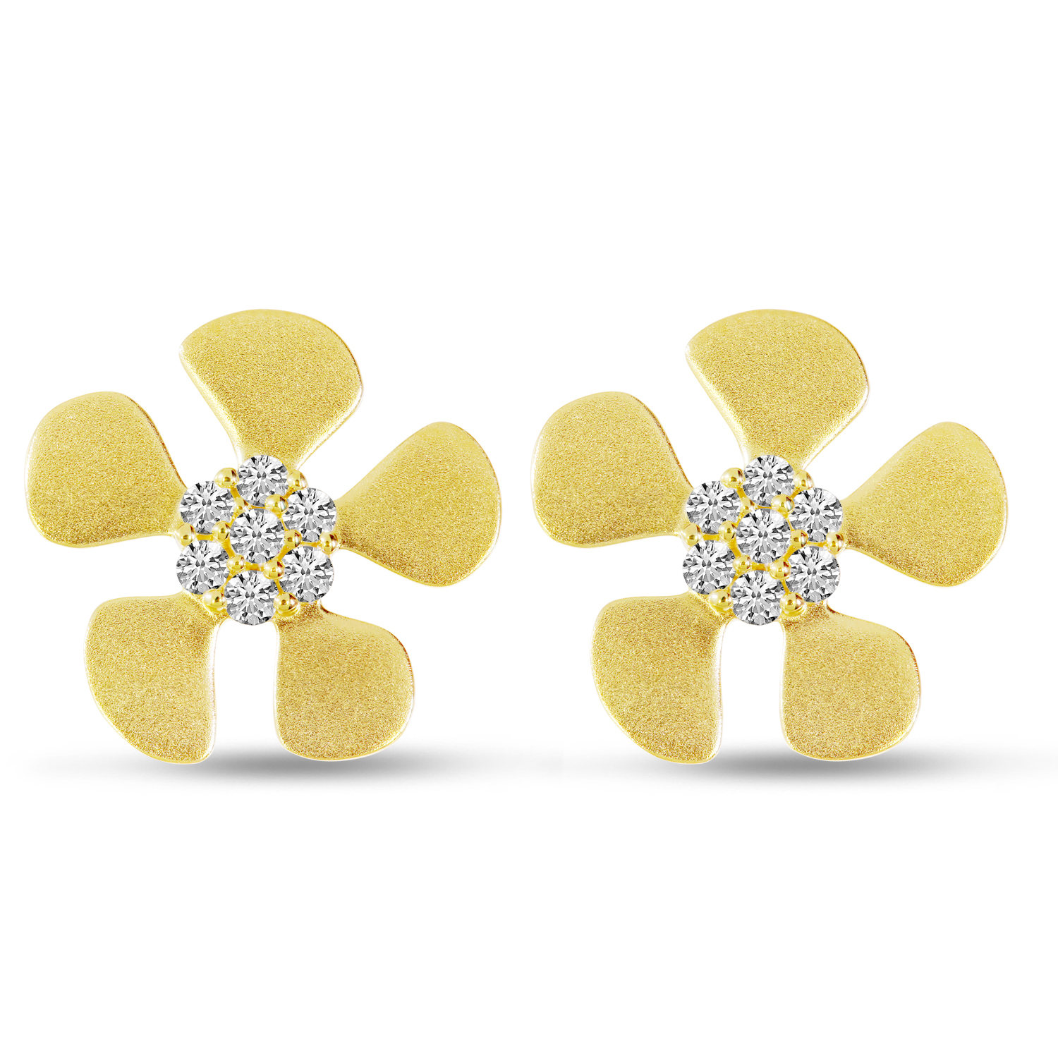 14K Yellow Gold Brushed Gold Diamond Flower Earrings